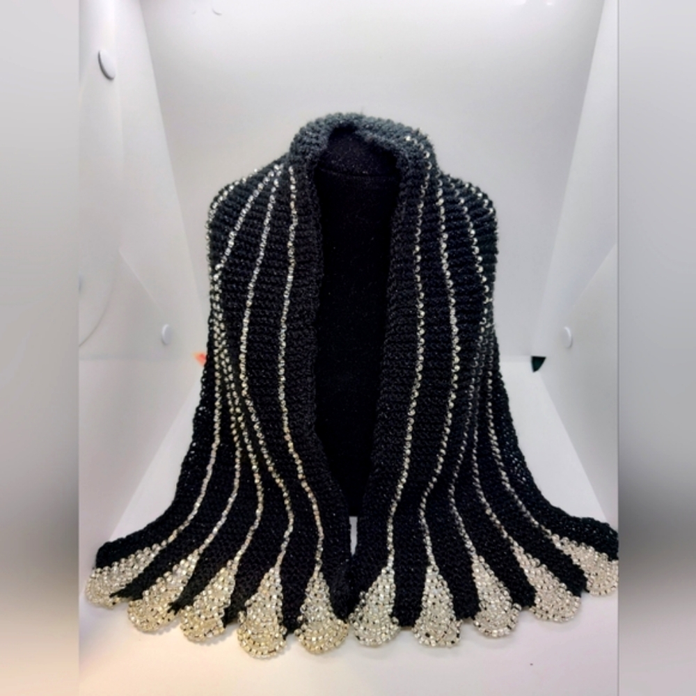 Knit Scarf Black over 1000 Silver Beads Great Holiday Gift Wear for parties